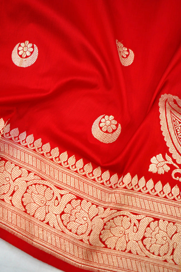 Red Pure Katan Silk Kadhua Booti Saree Handloom