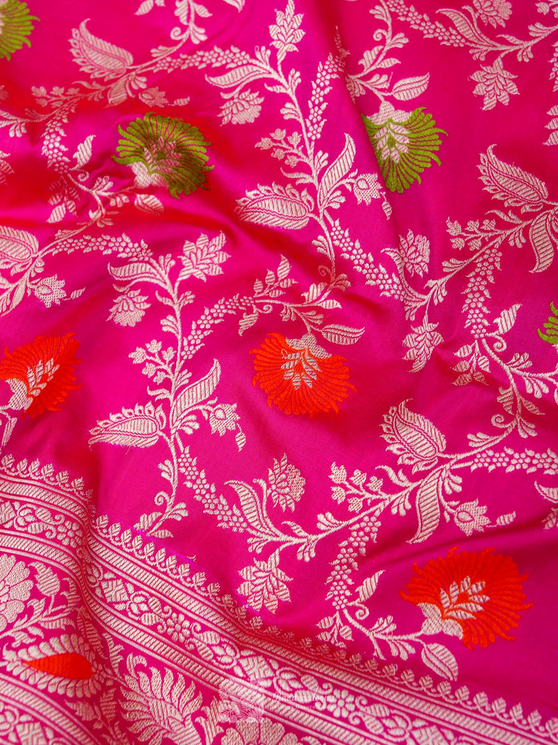 Rani Pink Pure Katan Silk Kadhua Jangla Handloom Saree (Pre Order)