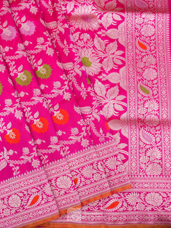 Rani Pink Pure Katan Silk Kadhua Jangla Handloom Saree