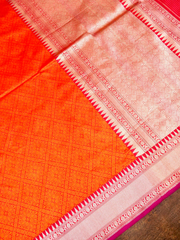 Orange Pure Katan Silk Tanchui Handloom Saree