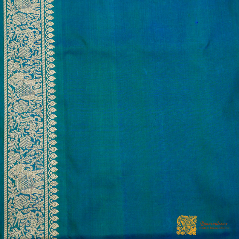 Bluish Green Pure Katan Silk Shikargah Handloom Saree(PRE ORDER TIME -4-6 WEEKS)