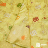 Lemon yellow Katan Silk Kadhuan Jangla Saree Handloom