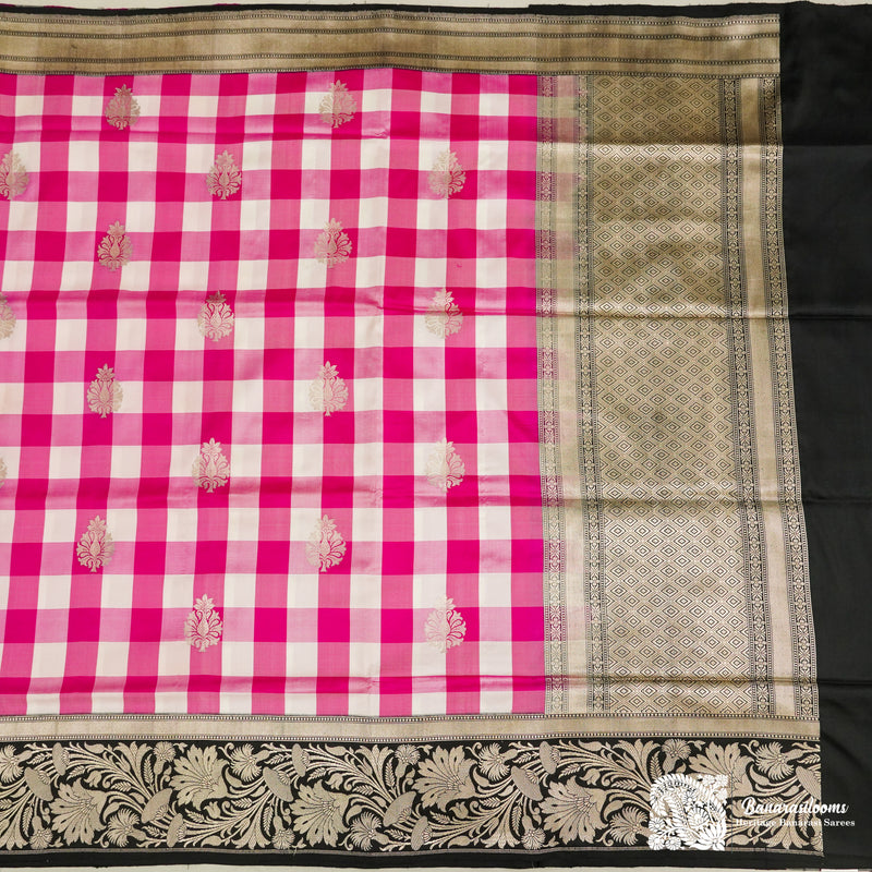 Pink and white check Pure katan silk Handloom Saree