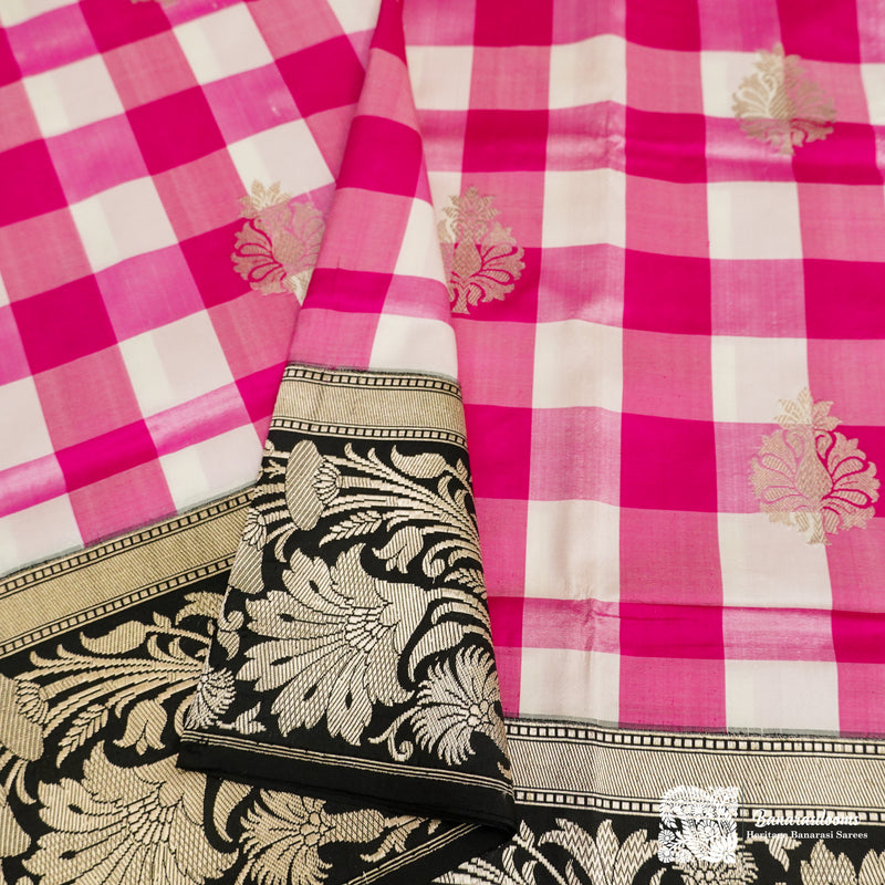 Pink and white check Pure katan silk Handloom Saree