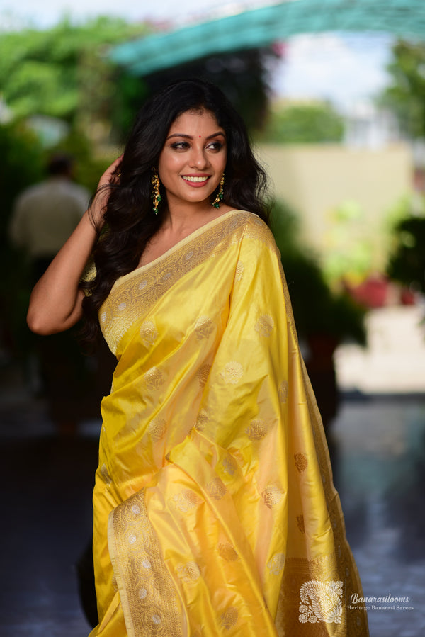 Gold Pure Katan Silk Kadhwa Booti Handloom Saree