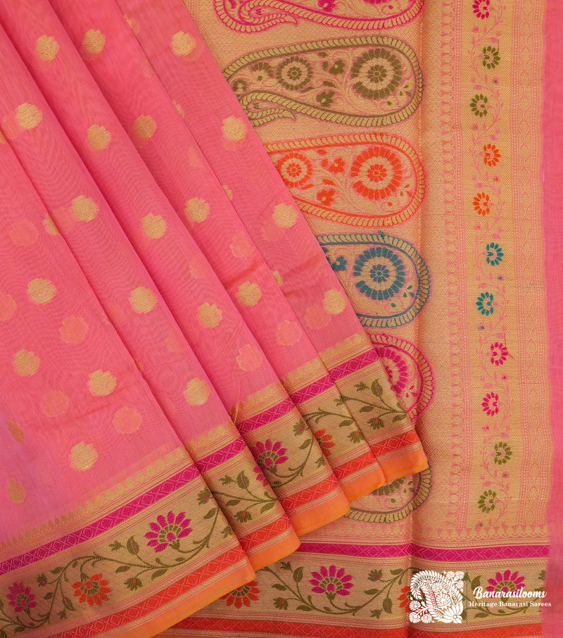 Saree Banarasi Peach Cutwork Booti Paithani Border Brocade Cotton Saree