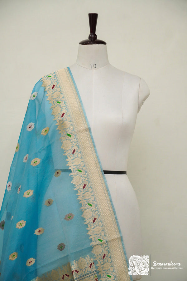 Blue Pure Kora Silk Handloom Dupatta