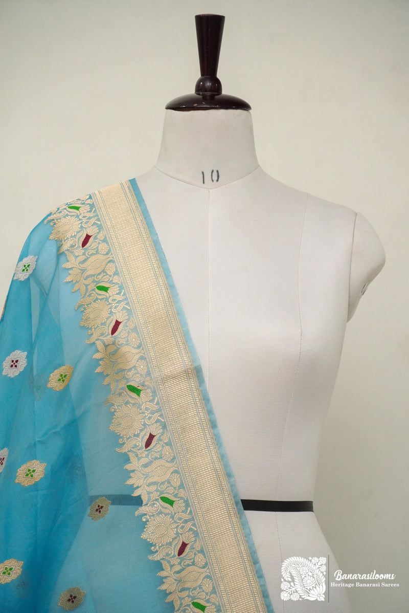 Blue Pure Kora Silk Handloom Dupatta