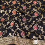 Black Pure Katan Silk Meenedar Cutwork Saree